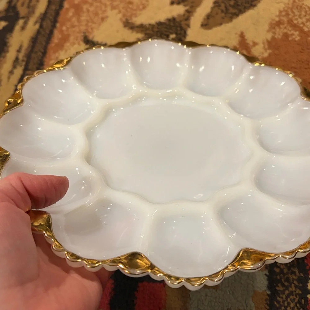 Vintage milk glass with gold scalloped deviled egg tray